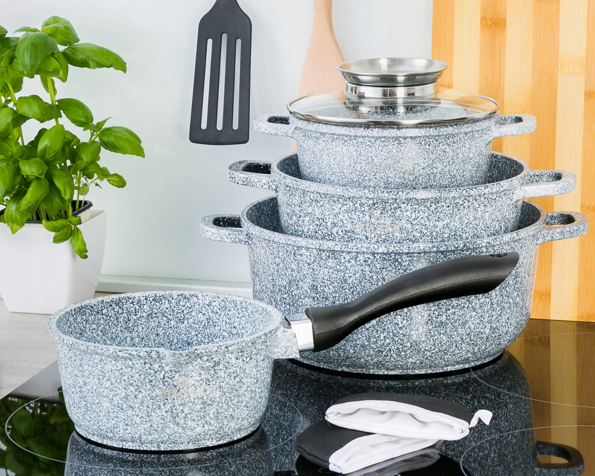 KOMPLET GARNKÓW MARMUROWYCH 9EL GARNKI ZESTAW NA GAZ I INDUKCJĘ PREMIUM