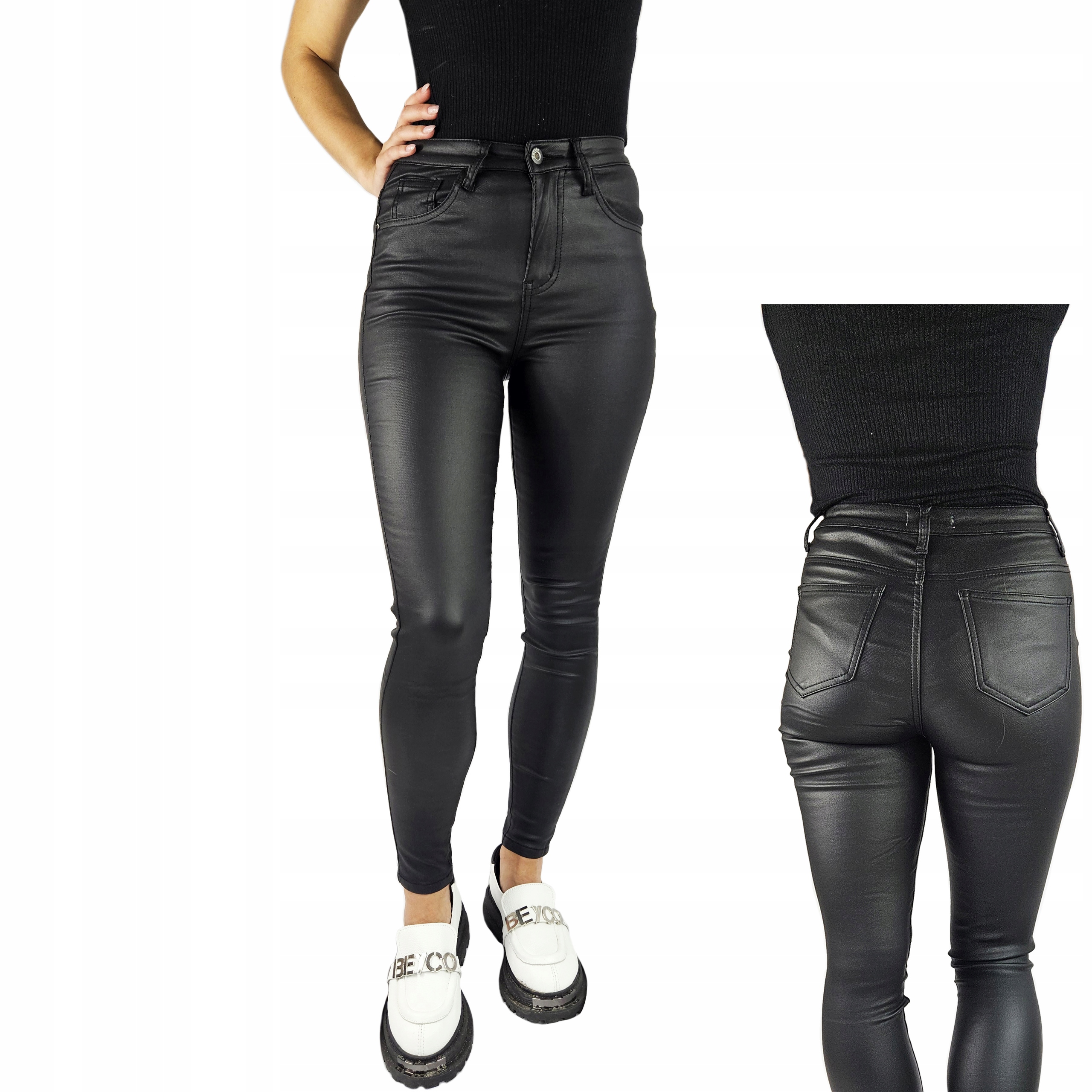 Damskie spodnie ocieplane modelujące woskowane skóra czarne - obrazek 5