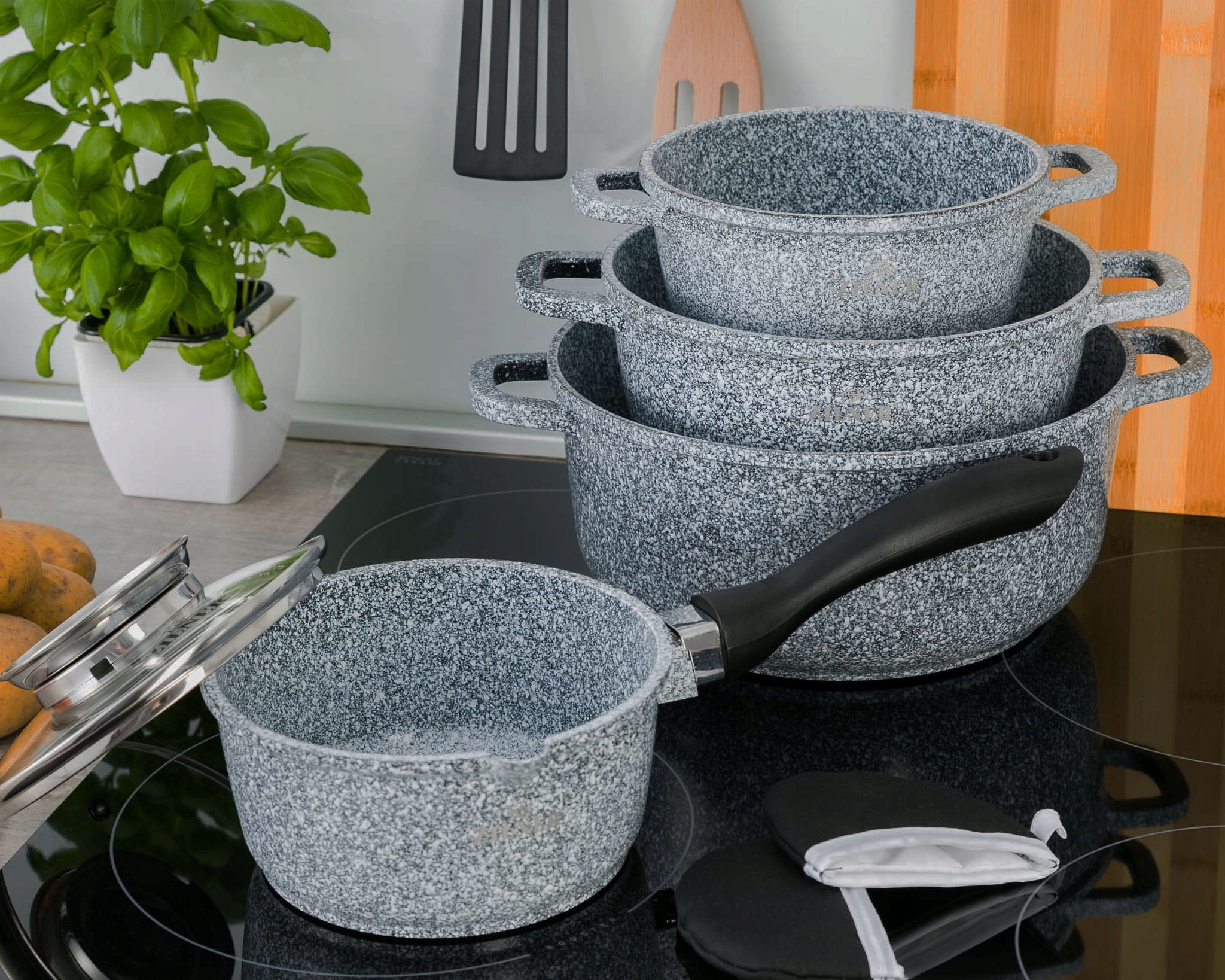 KOMPLET GARNKÓW MARMURKOWYCH GARNKI ZESTAW INDUKCJA GARNKI