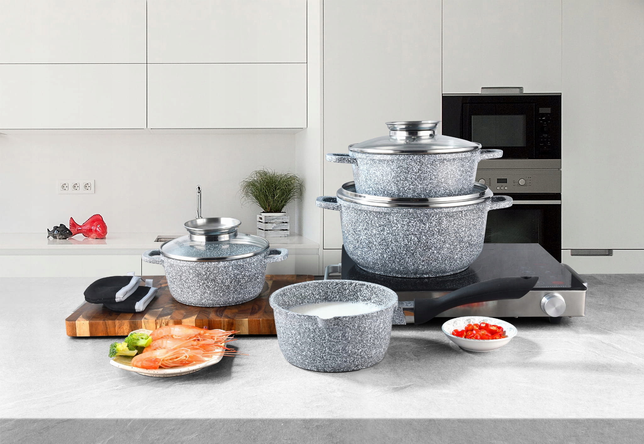 KOMPLET GARNKÓW MARMUROWYCH 9EL GARNKI ZESTAW NA GAZ I INDUKCJĘ PREMIUM