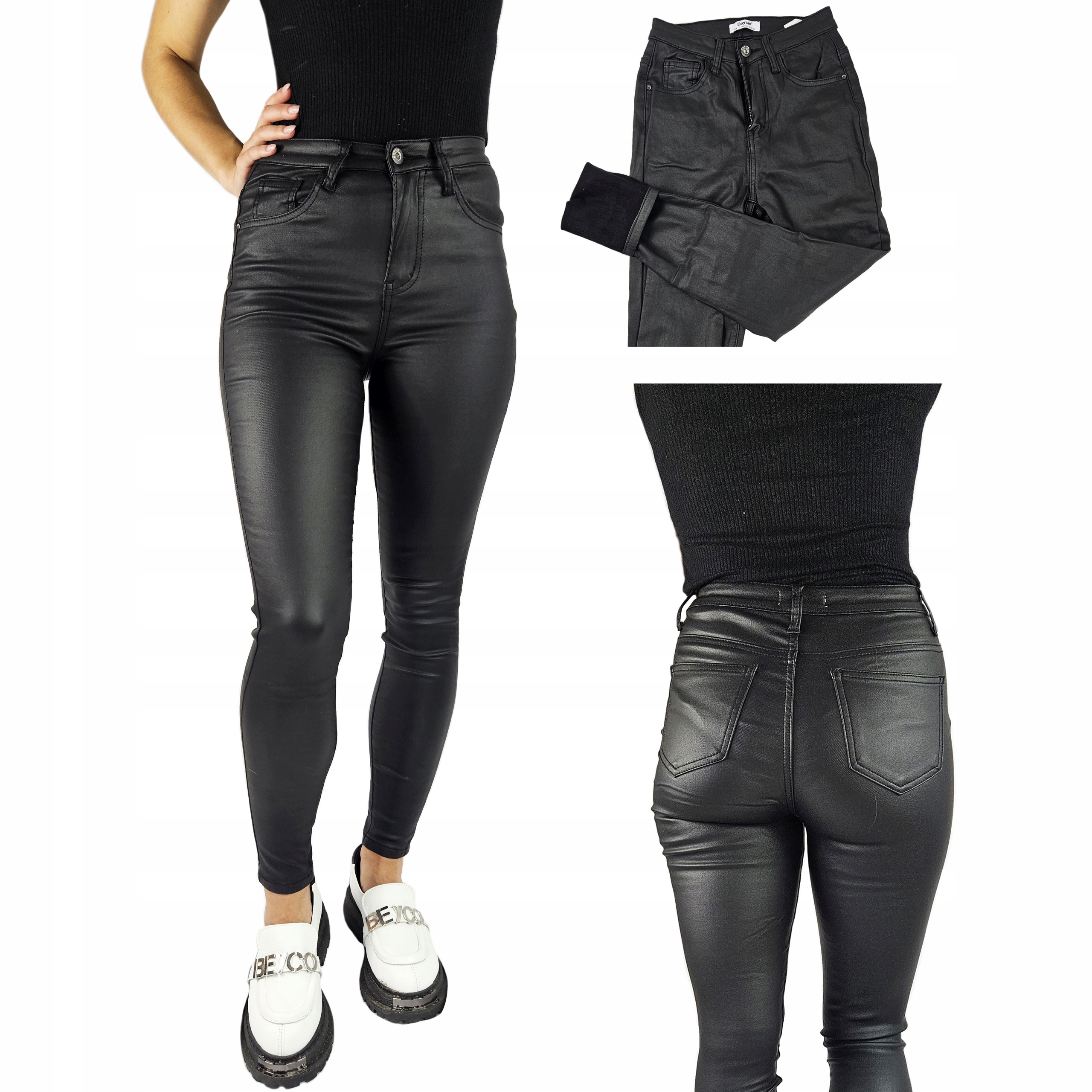 Damskie spodnie ocieplane modelujące woskowane skóra czarne