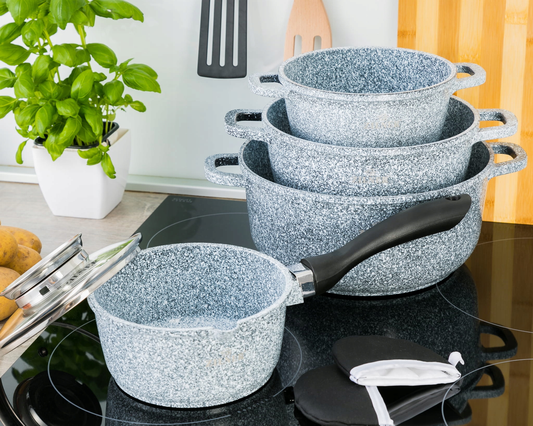 KOMPLET GARNKÓW MARMUROWYCH 9EL GARNKI ZESTAW NA GAZ I INDUKCJĘ PREMIUM