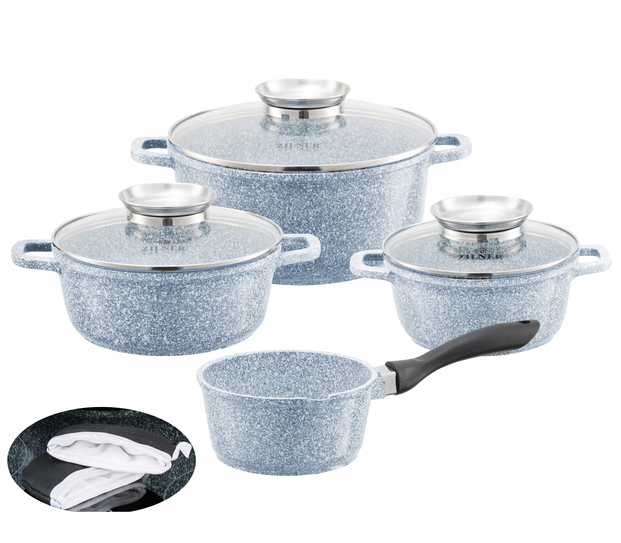 KOMPLET GARNKÓW MARMUROWYCH 9EL GARNKI ZESTAW NA GAZ I INDUKCJĘ PREMIUM