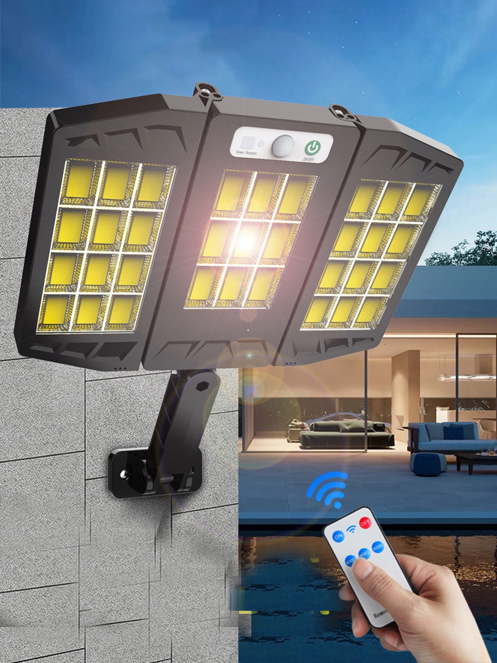 LAMPA SOLARNA LED Z CZUJNIKIEM RUCHU ZMIERZCHU PILOT UCHWYT ZEWNĘTRZNA