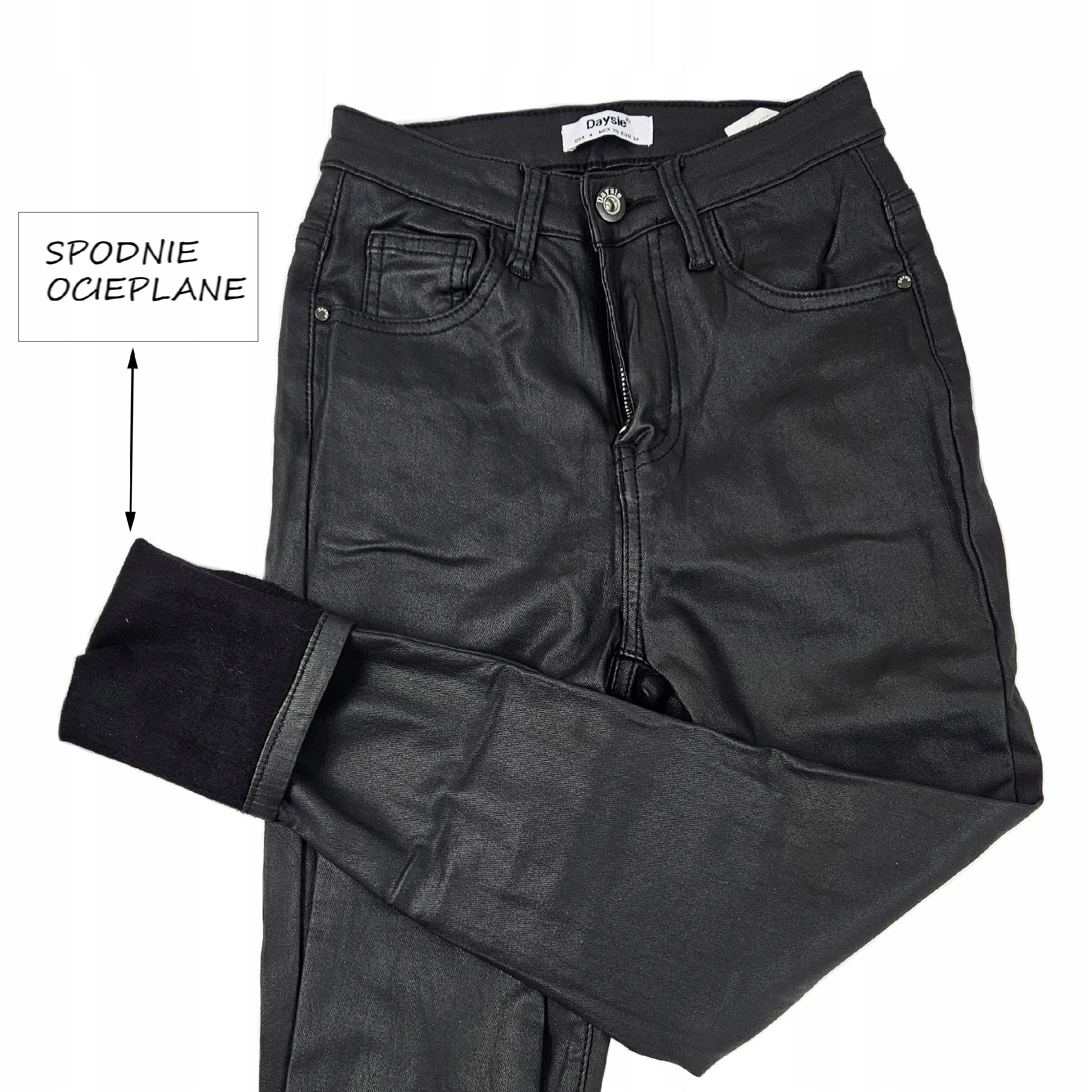 Damskie spodnie ocieplane modelujące woskowane skóra czarne - obrazek 6