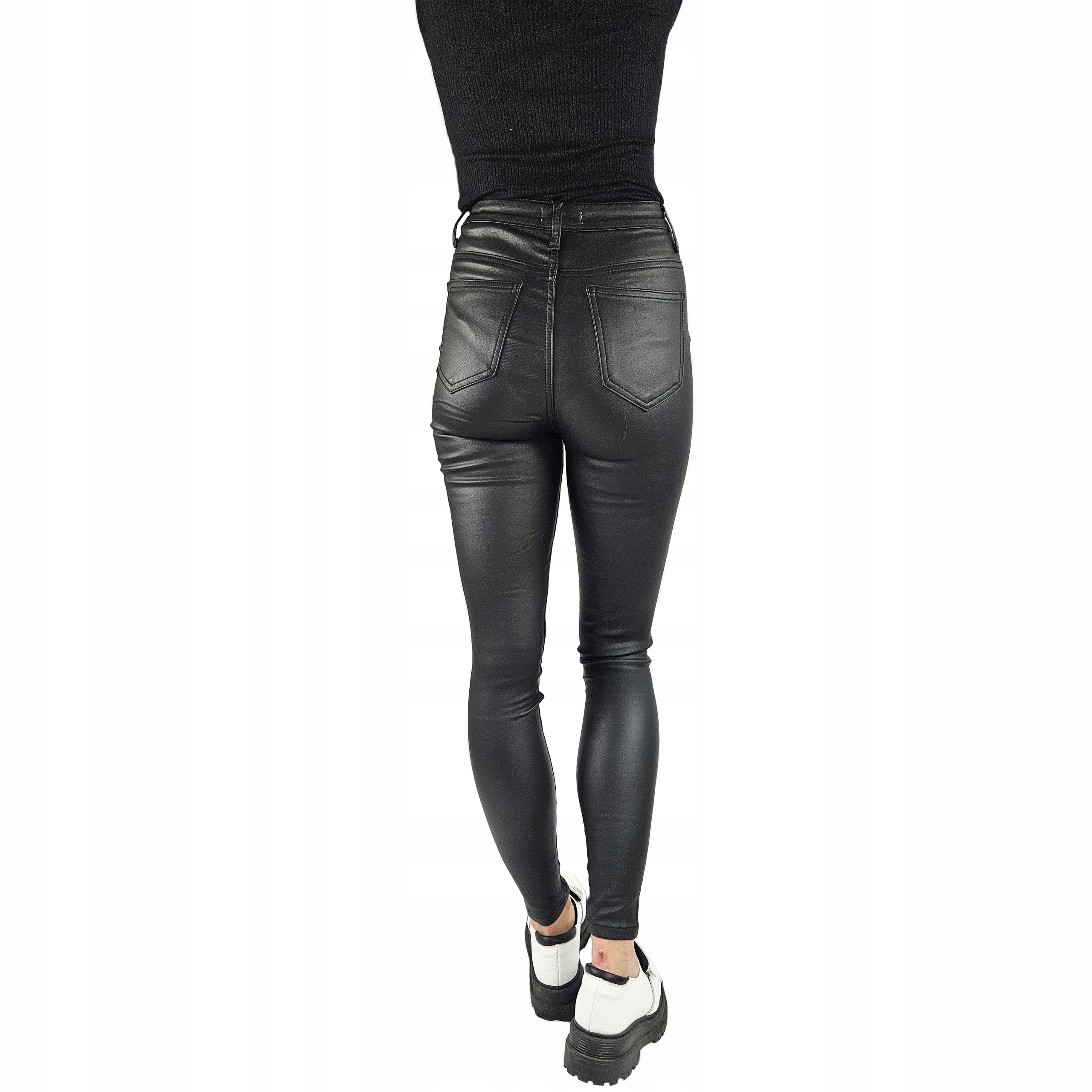 Damskie spodnie ocieplane modelujące woskowane skóra czarne - obrazek 10