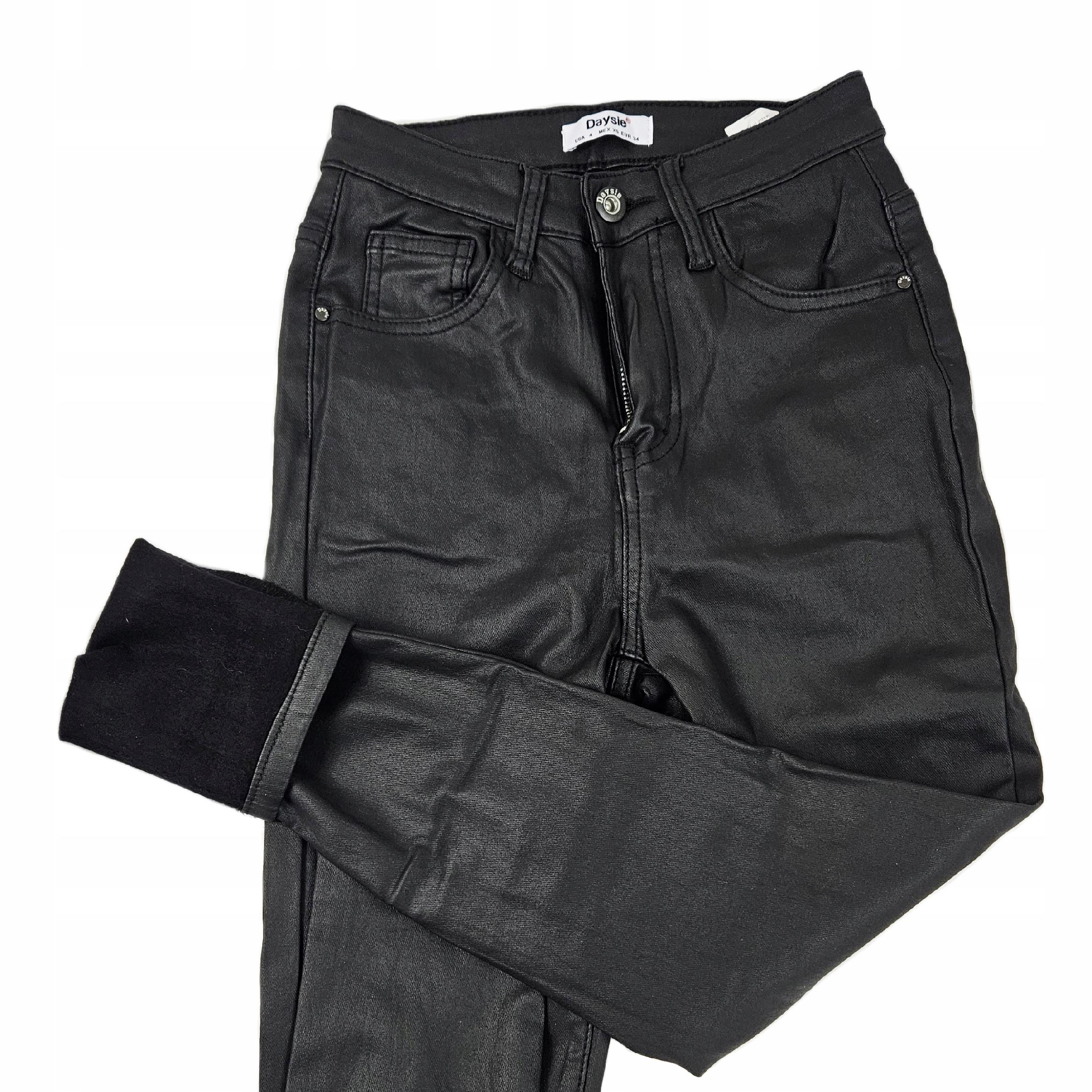 Damskie spodnie ocieplane modelujące woskowane skóra czarne - obrazek 11