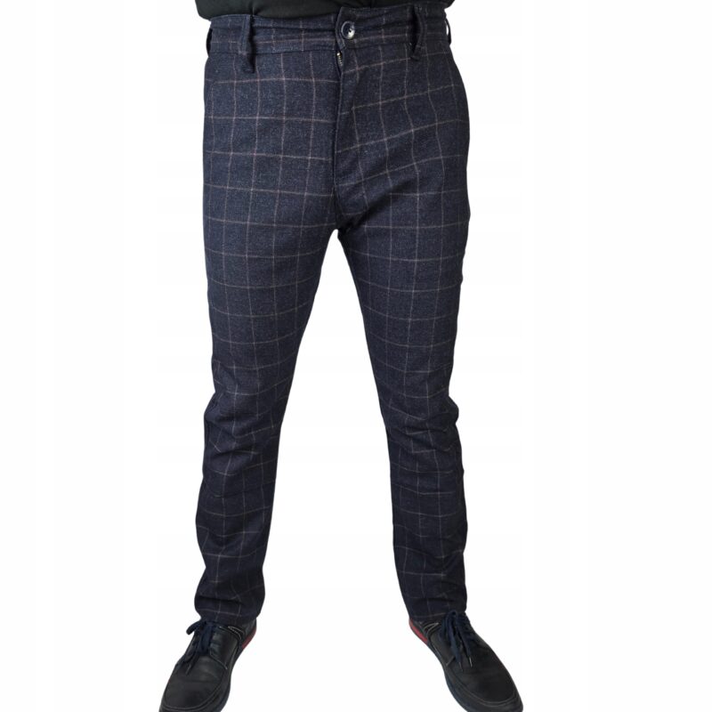 91dcfd09ea1afcbefe5a08b67591010a.jpg SPODNIE MĘSKIE ELEGANCKIE WIZYTOWE W KRATĘ MATERIAŁOWE ELASTYCZNE
