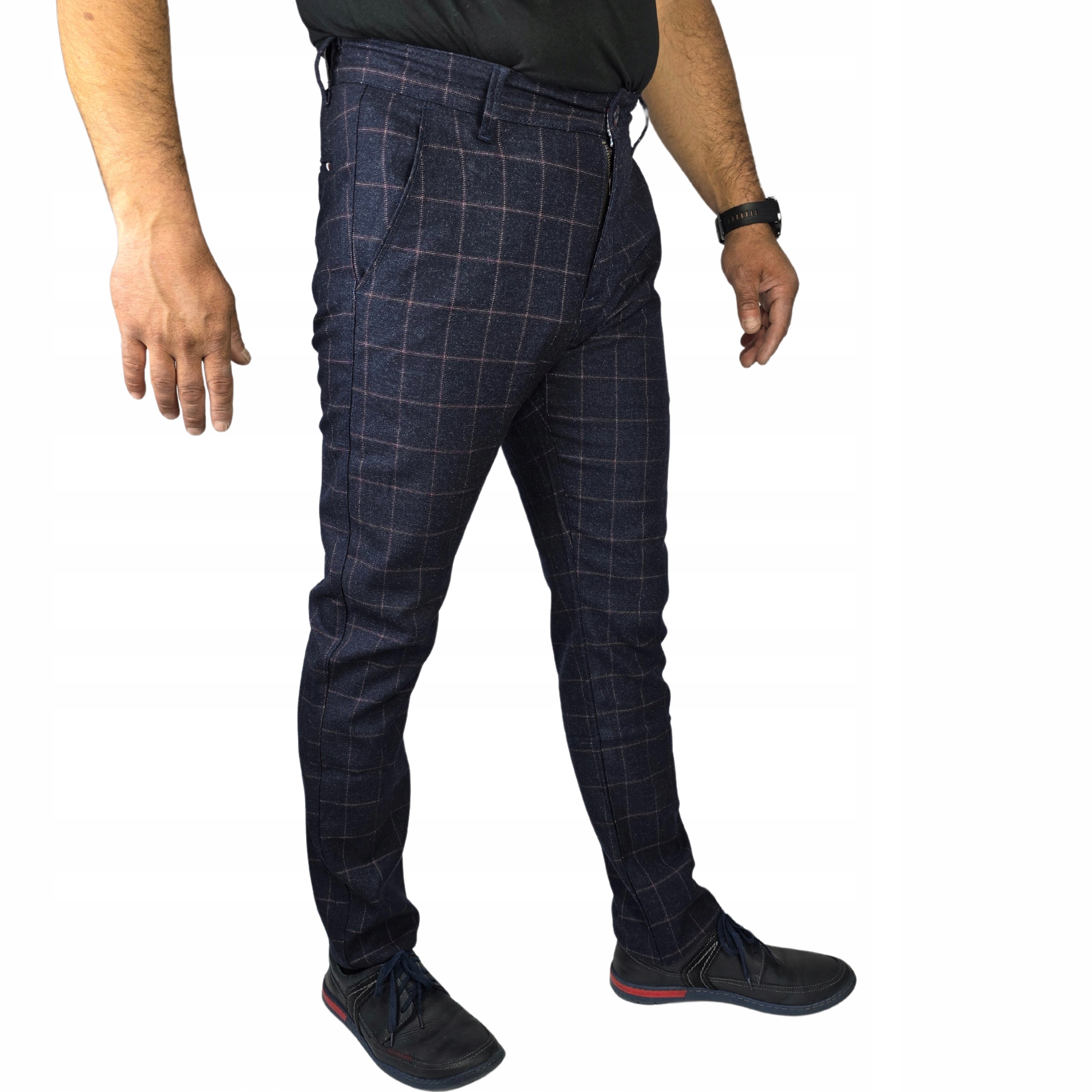 SPODNIE MĘSKIE ELEGANCKIE WIZYTOWE W KRATĘ MATERIAŁOWE ELASTYCZNE