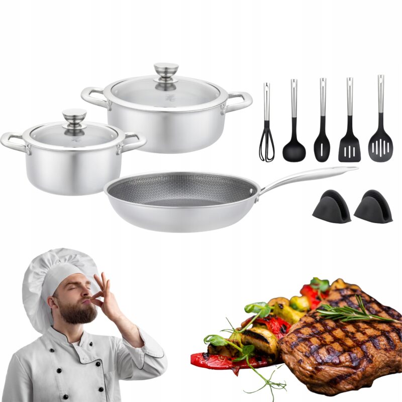 ZESTAW GARNKÓW PREMIUM PATELNIA AKCESORIA STAL NIERDZEWNA INDUKCJA 12el