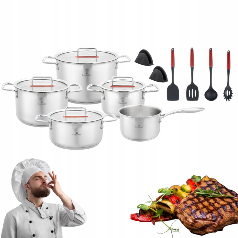 ZESTAW GARNKÓW PREMIUM STAL NIERDZEWNA PATELNIA AKCESORIA 16el INDUKCJA GAZ