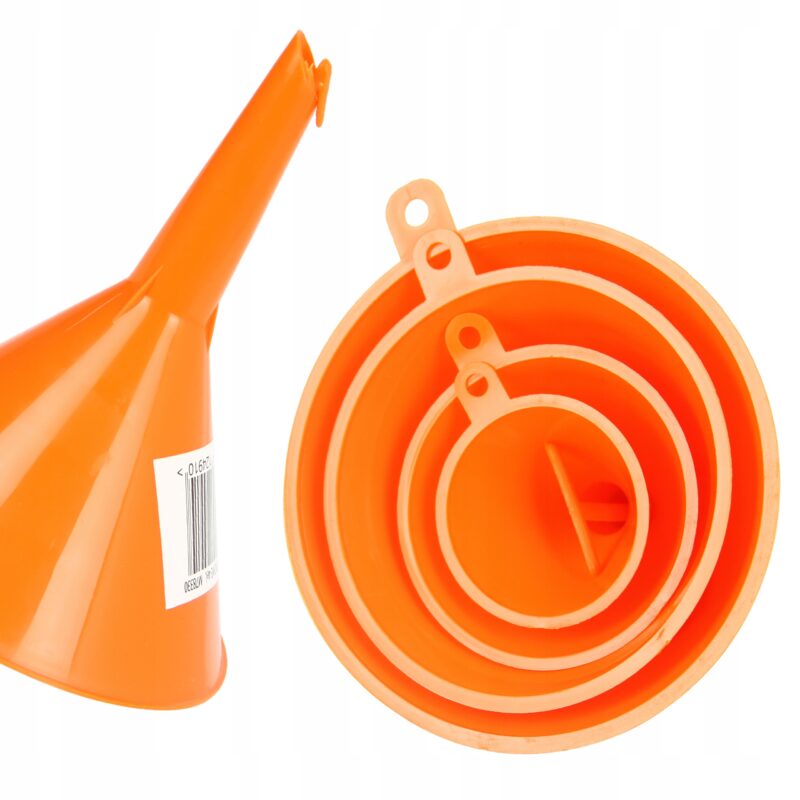 Zestaw pomarańczowych lejków kuchennych w różnych rozmiarach