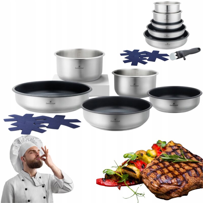 ZESTAW GARNKÓW ZDEJMOWANA RĄCZKA STAL NIERDZEWNA PATELNIE INDUKCJA GAZ 10el