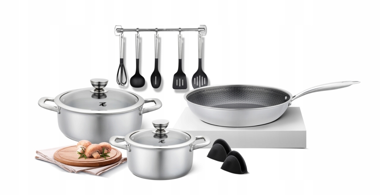 ZESTAW GARNKÓW PREMIUM PATELNIA AKCESORIA STAL NIERDZEWNA INDUKCJA 12el