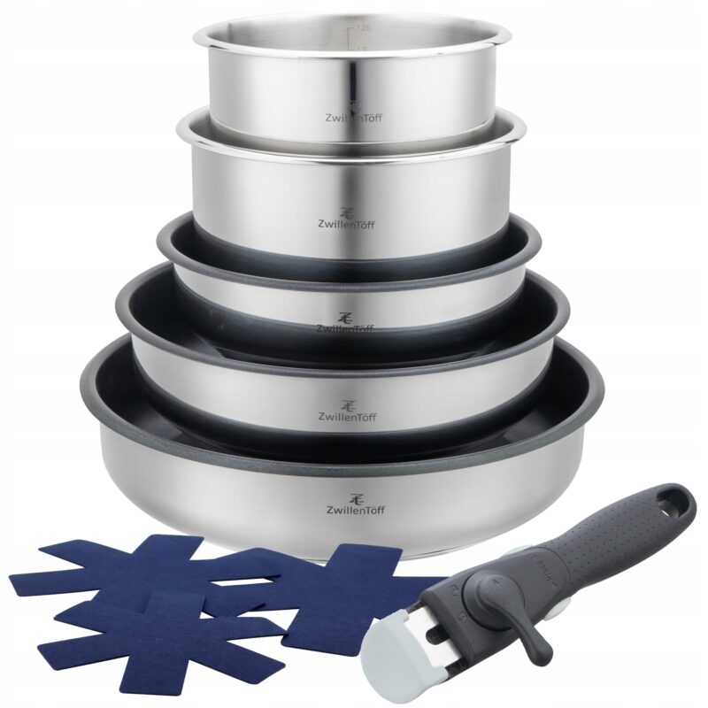 ZESTAW GARNKÓW ZDEJMOWANA RĄCZKA STAL NIERDZEWNA PATELNIE INDUKCJA GAZ 10el