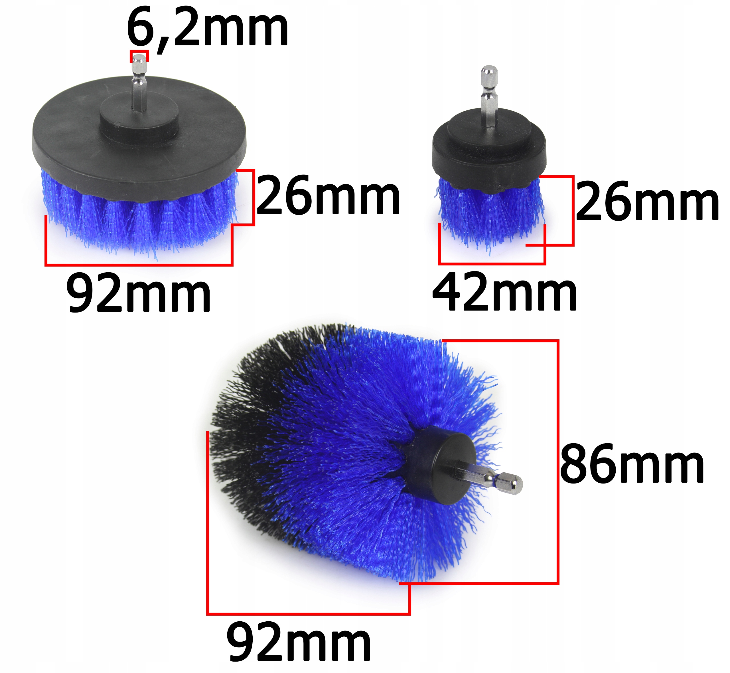 SZCZOTKI NYLONOWE NA WKRĘTARKĘ ZESTAW 3SZT DO CZYSZCZENIA TAPICERKI