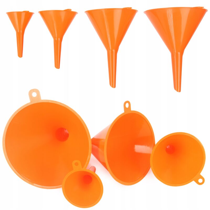 Zestaw pomarańczowych lejków kuchennych w różnych rozmiarach