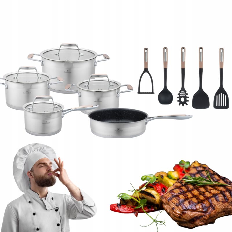 ZESTAW GARNKÓW PREMIUM STAL NIERDZEWNA PATELNIA AKCESORIA 16el INDUKCJA GAZ