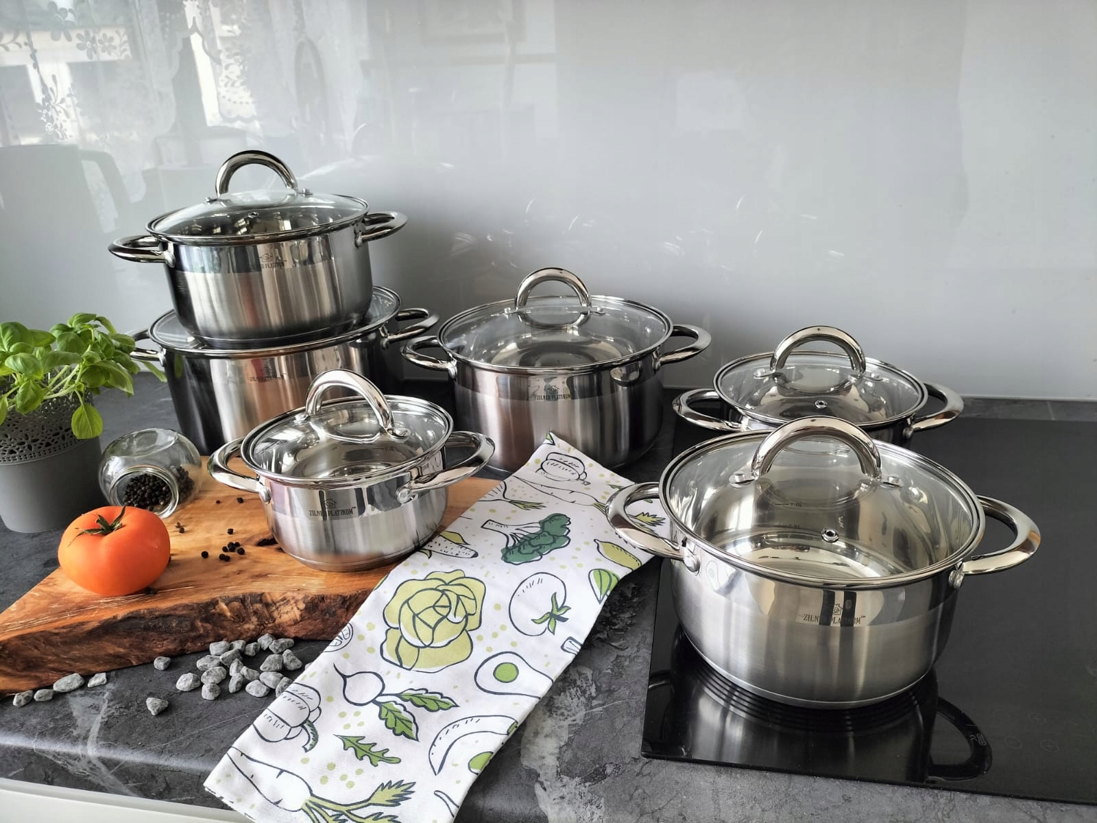 GARNKI STALOWE ZESTAW 12 ELEMENTÓW KOMPLET NA INDUKCJĘ GAZ KUCHNIĘ PREMIUM