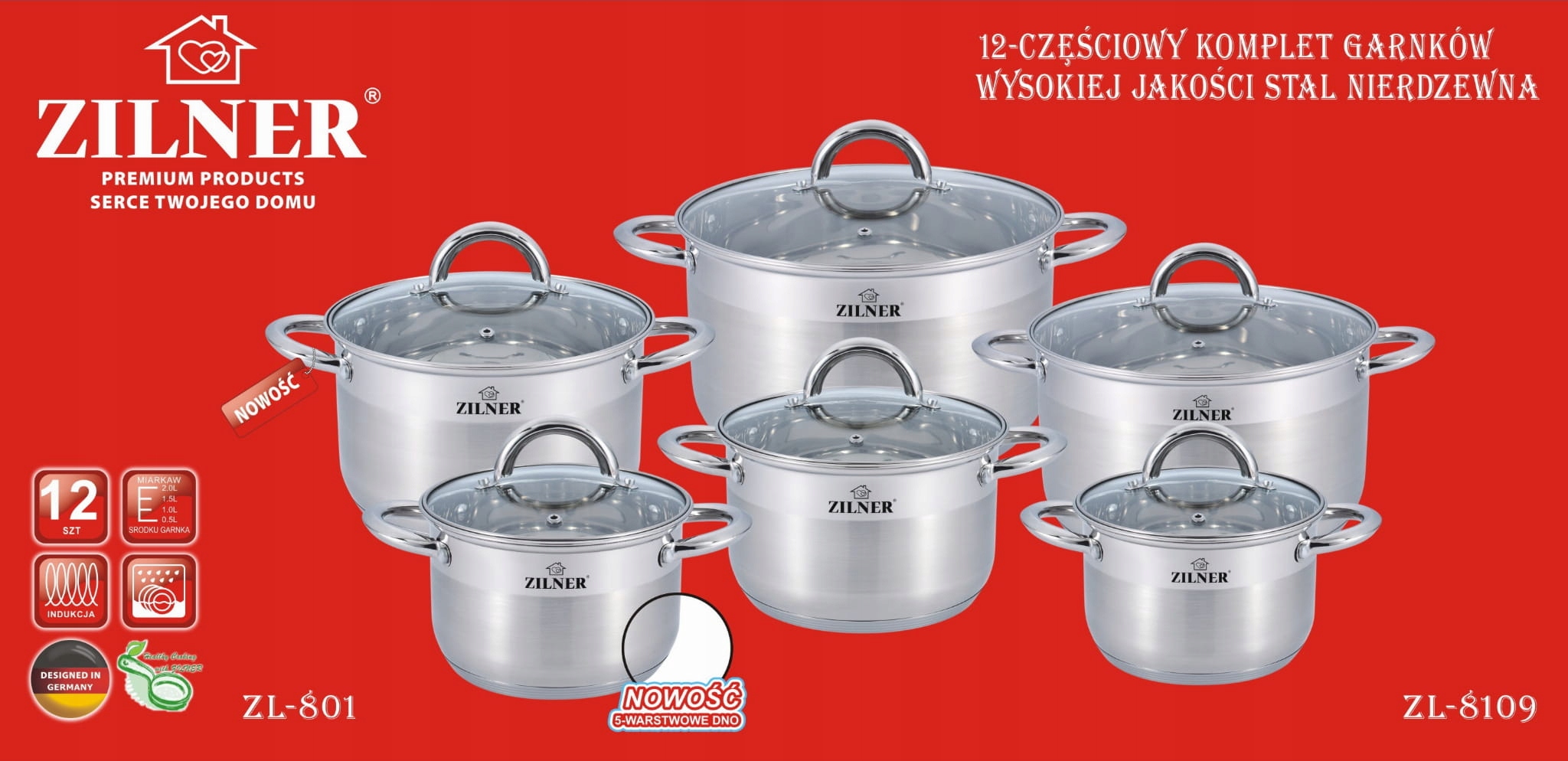GARNKI STALOWE ZESTAW 12 ELEMENTÓW KOMPLET NA INDUKCJĘ GAZ KUCHNIĘ PREMIUM