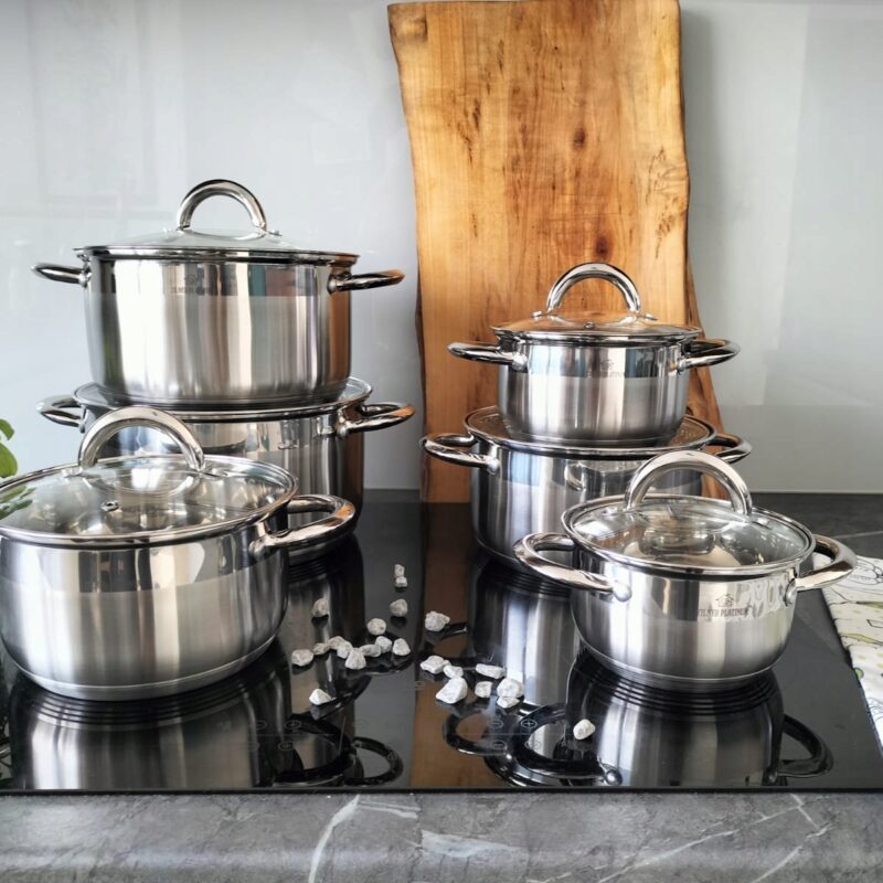 	GARNKI STALOWE ZESTAW 12 ELEMENTÓW KOMPLET NA INDUKCJĘ GAZ KUCHNIĘ PREMIUM