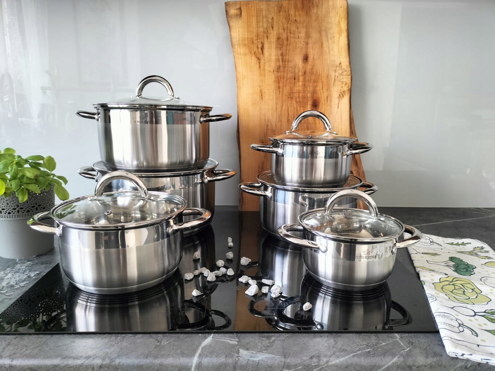 GARNKI STALOWE ZESTAW 12 ELEMENTÓW KOMPLET NA INDUKCJĘ GAZ KUCHNIĘ PREMIUM