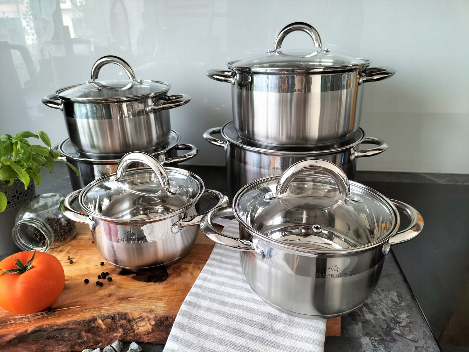 GARNKI STALOWE ZESTAW 12 ELEMENTÓW KOMPLET NA INDUKCJĘ GAZ KUCHNIĘ PREMIUM