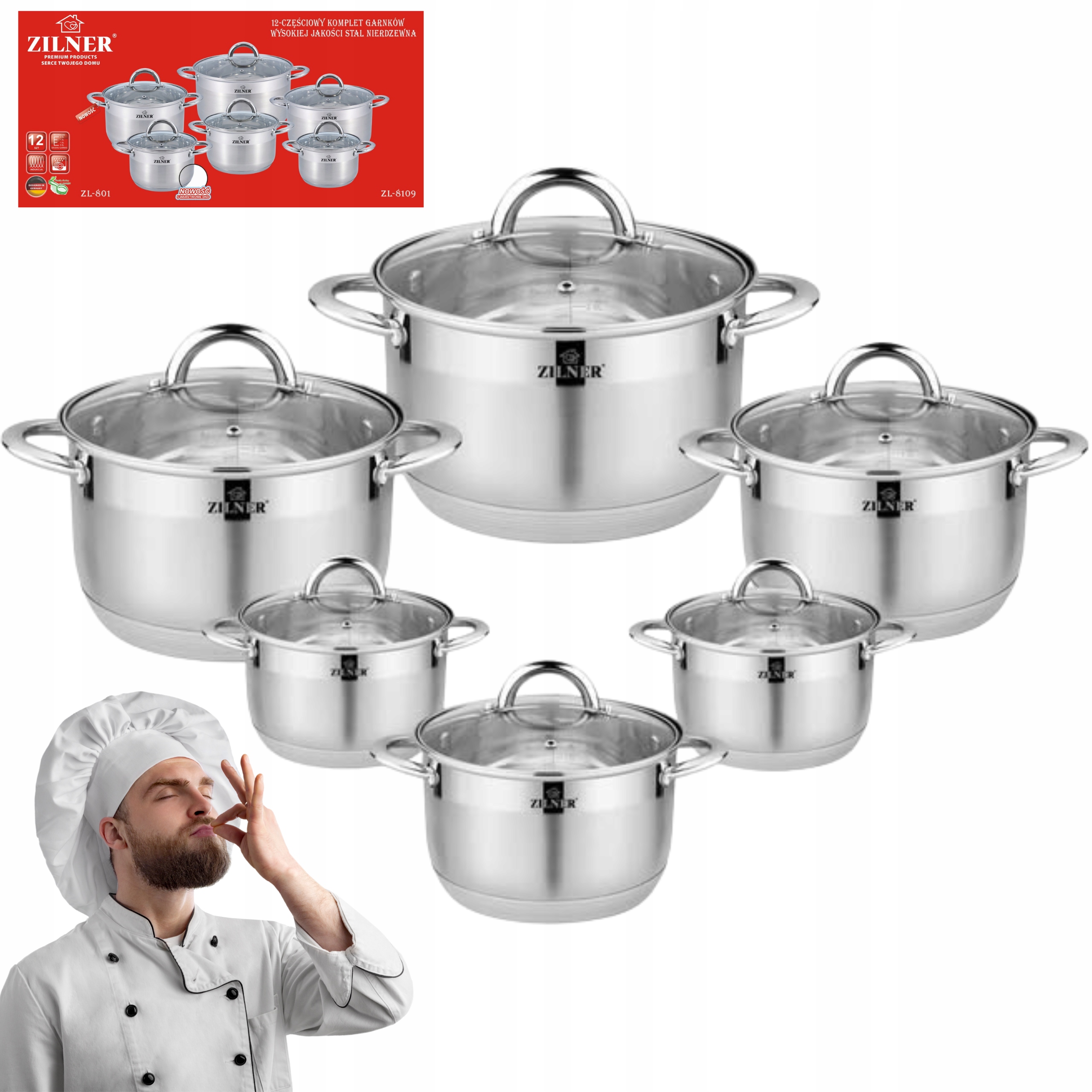 GARNKI STALOWE ZESTAW 12 ELEMENTÓW KOMPLET NA INDUKCJĘ GAZ KUCHNIĘ PREMIUM