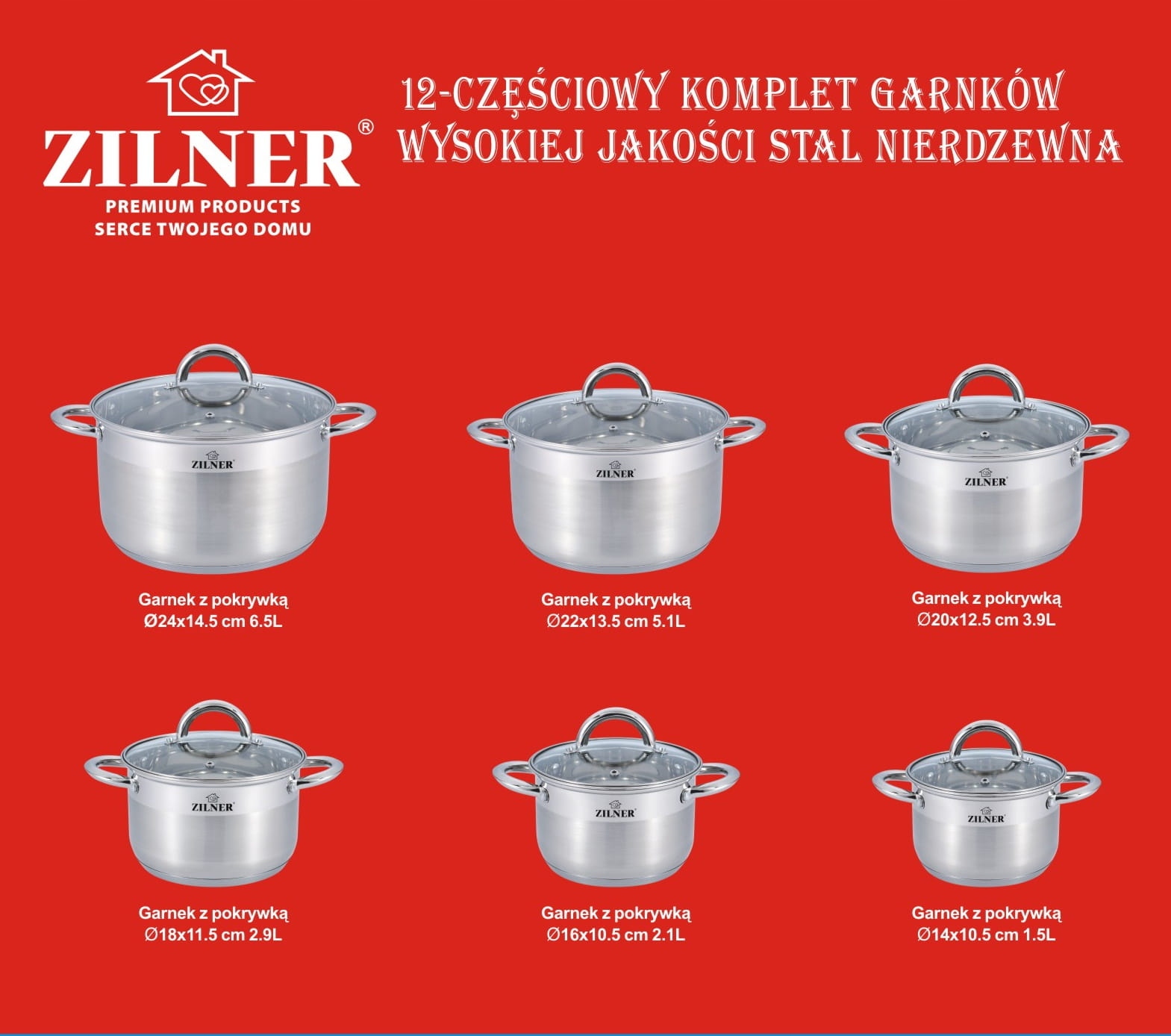 GARNKI STALOWE ZESTAW 12 ELEMENTÓW KOMPLET NA INDUKCJĘ GAZ KUCHNIĘ PREMIUM