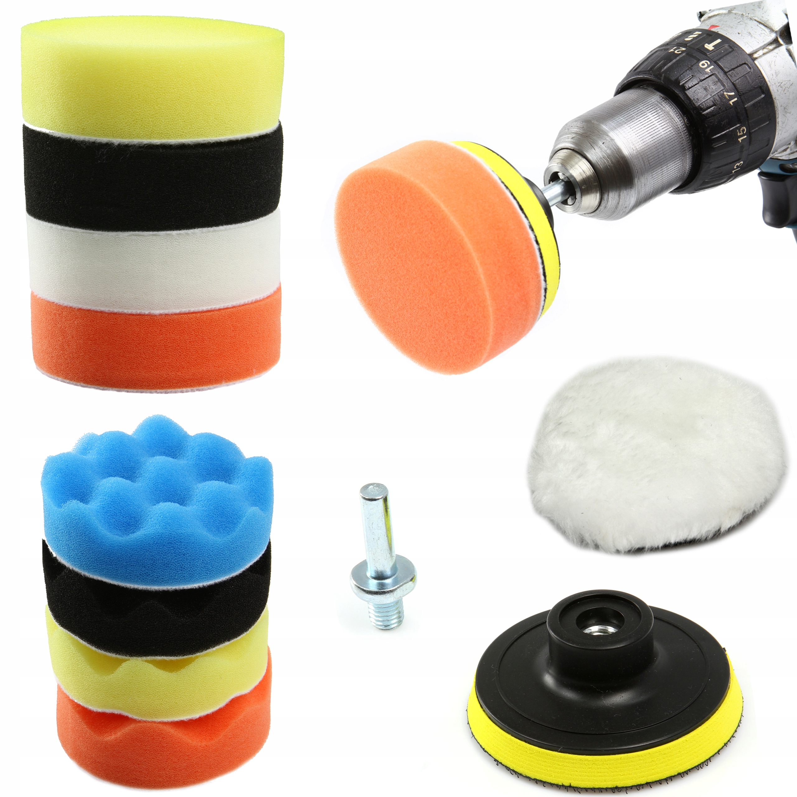 PADY POLERSKIE GĄBKI ZESTAW 11el 80mm NA WIERTARKĘ POLEROWANIE AUTA