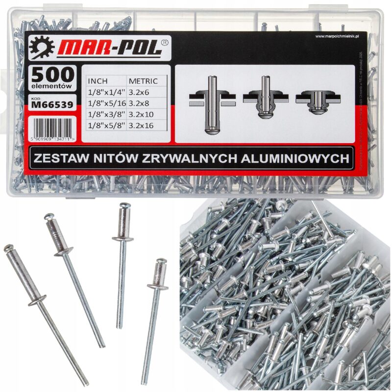 NITY ALUMINIOWE ZRYWALNE ZESTAW NITÓW do NITOWNICA RĘCZNA 3.2 x 500szt