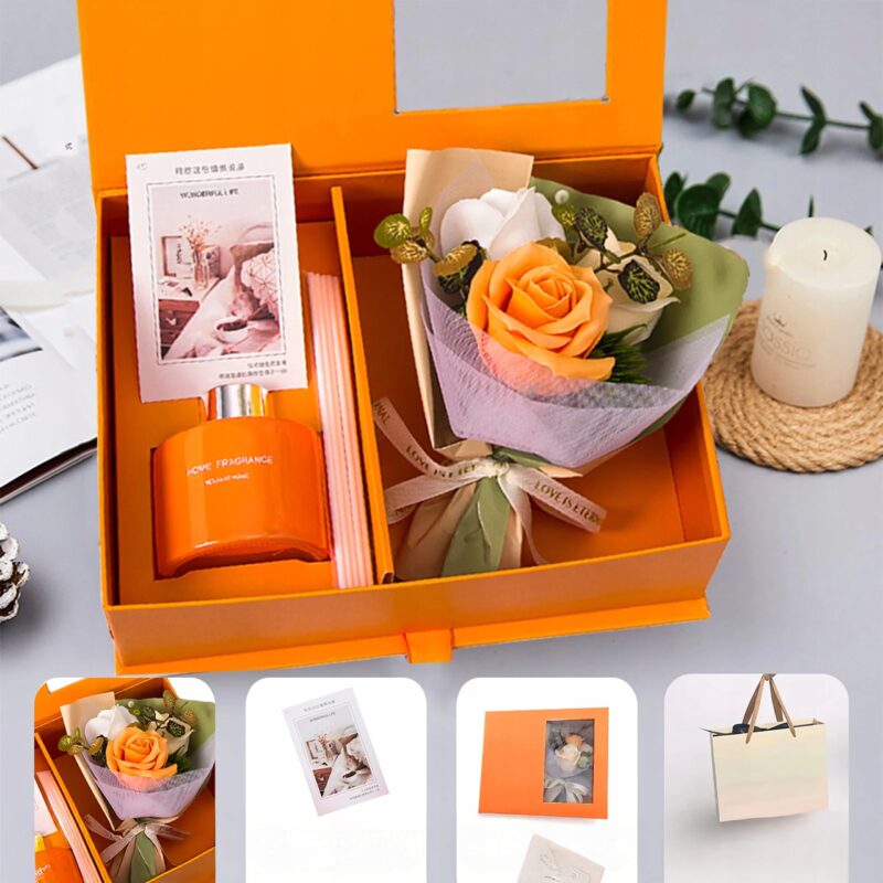 ZESTAW PREZENTOWY POMARAŃCZOWY DYFUZOR Z PATYCZKAMI RÓŻE DZIEŃ KOBIET WLEP