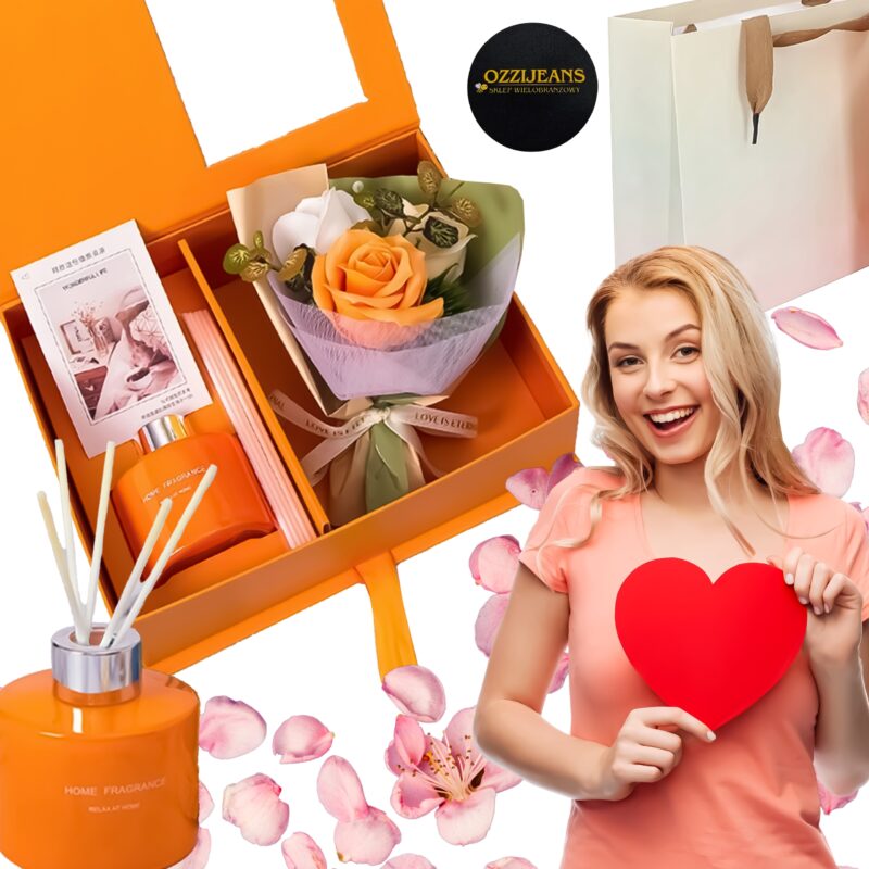 ZESTAW PREZENTOWY POMARAŃCZOWY DYFUZOR Z PATYCZKAMI RÓŻE DZIEŃ KOBIET WLEP