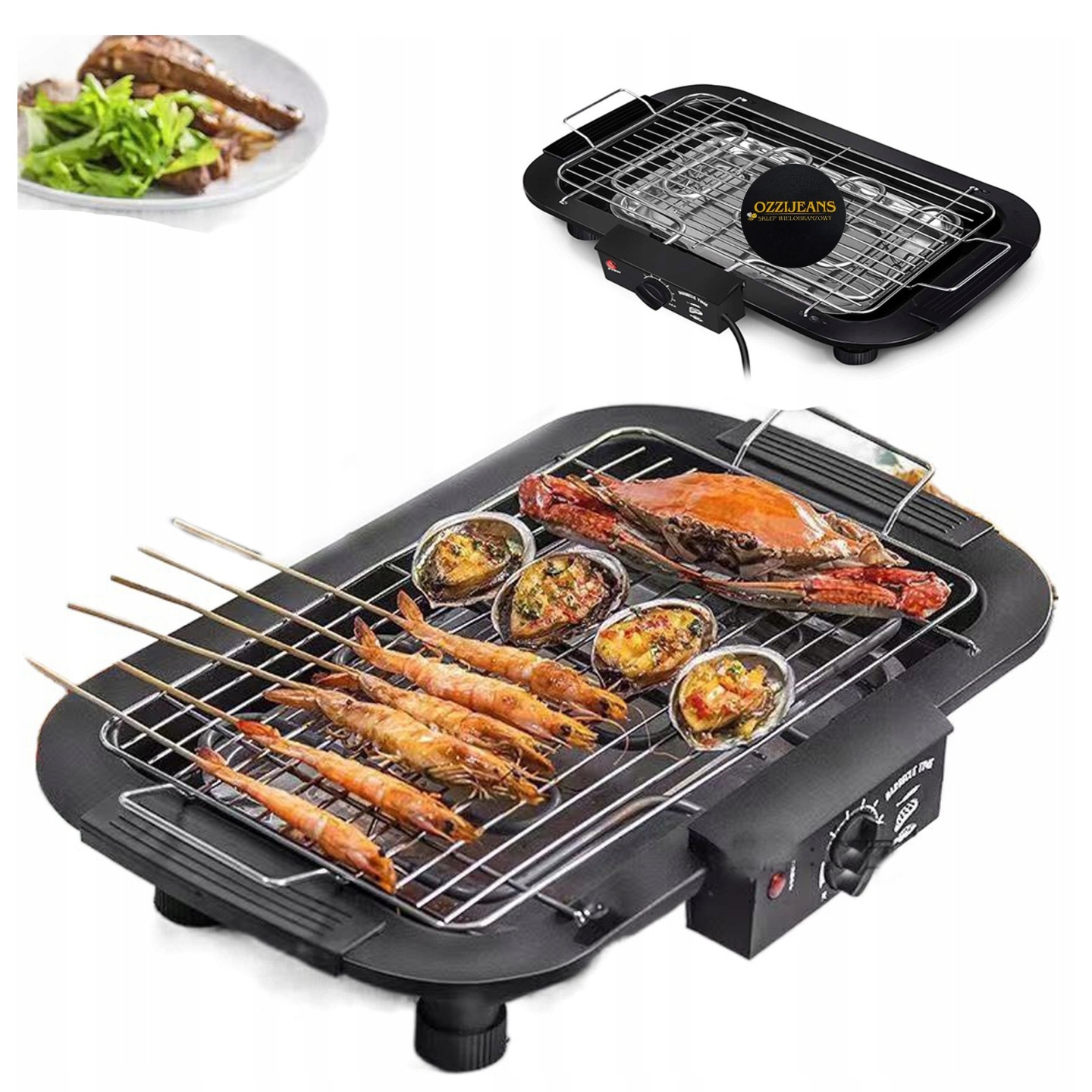 Grill Ogrodowy Elektryczny Duży Stojący Czarny Ruszt Regulacja Temp 2000w