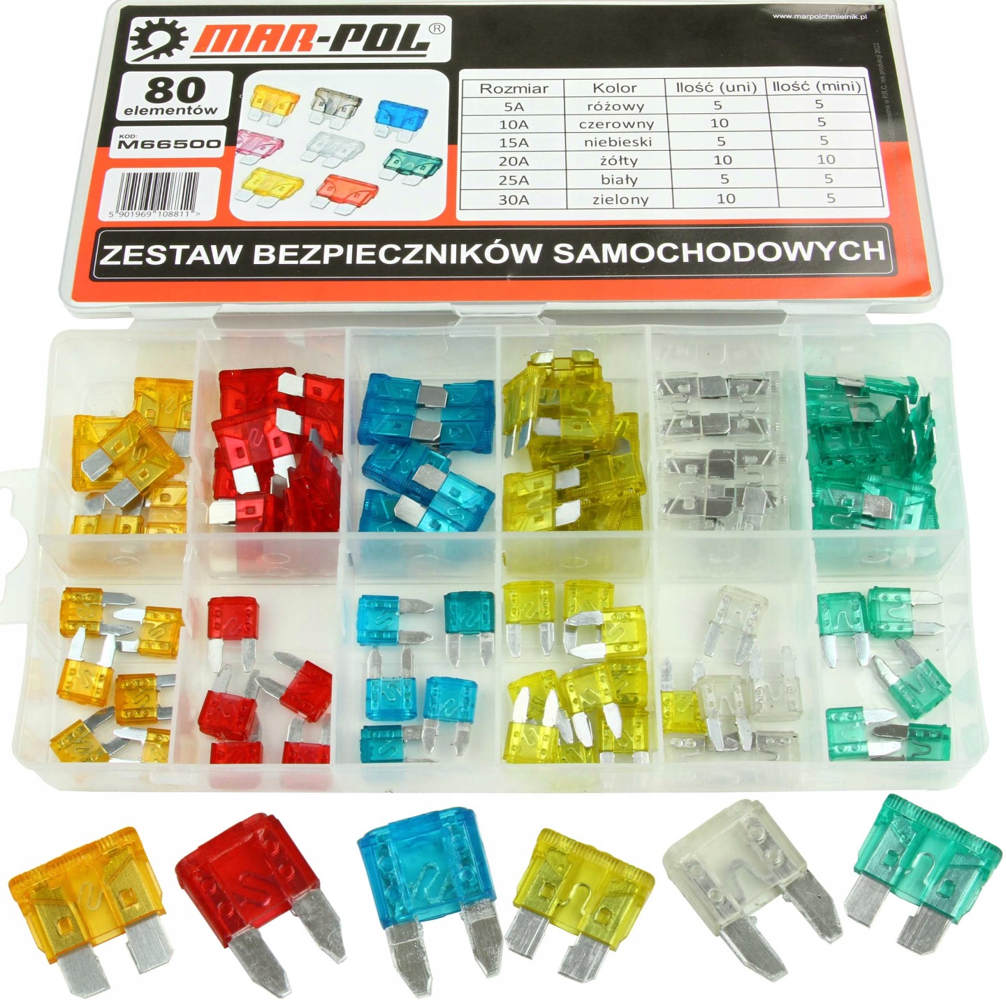 Zestaw Bezpieczników Samochodowych Płytkowe Uni Mini Mix 80 Sztuk 5a -30a - obrazek 3