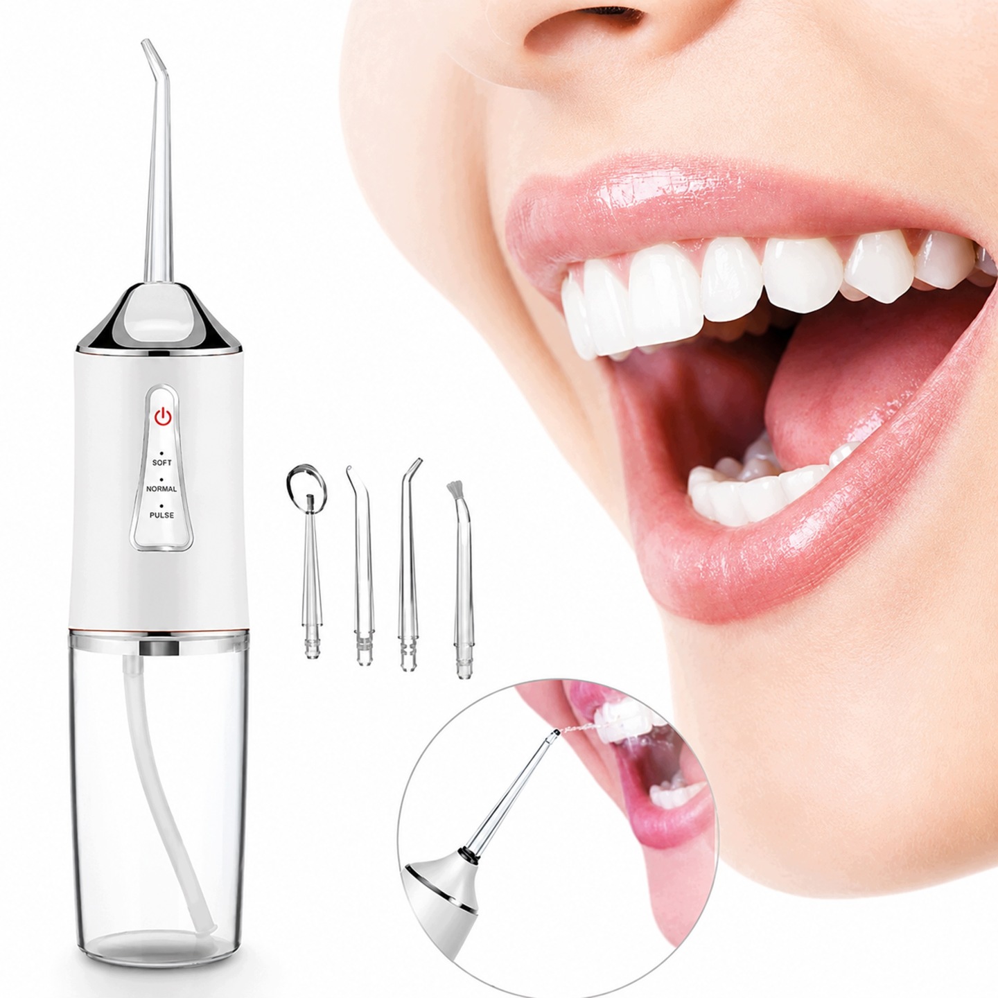 Irygator do Zębów Bezprzewodowy Dentystyczny Mocny 4 Dysze 3 Tryby 230 ml - obrazek 5